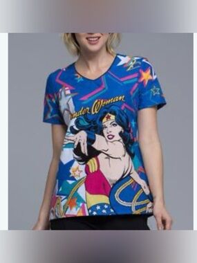 Wonder Woman Justice League V-Neck Uniform Scrub Top Size Large